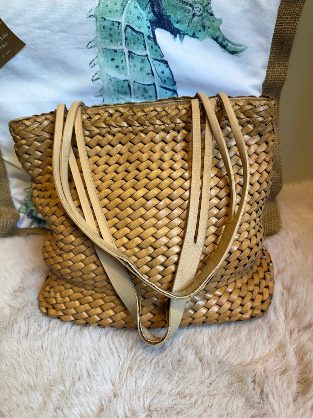 HOBO Woven Tan Leather Tote with Double Shoulder Straps